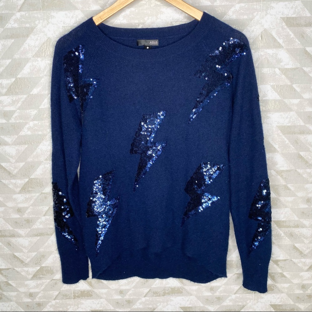 Aqua blue cashmere sequin lightning bolt sweater